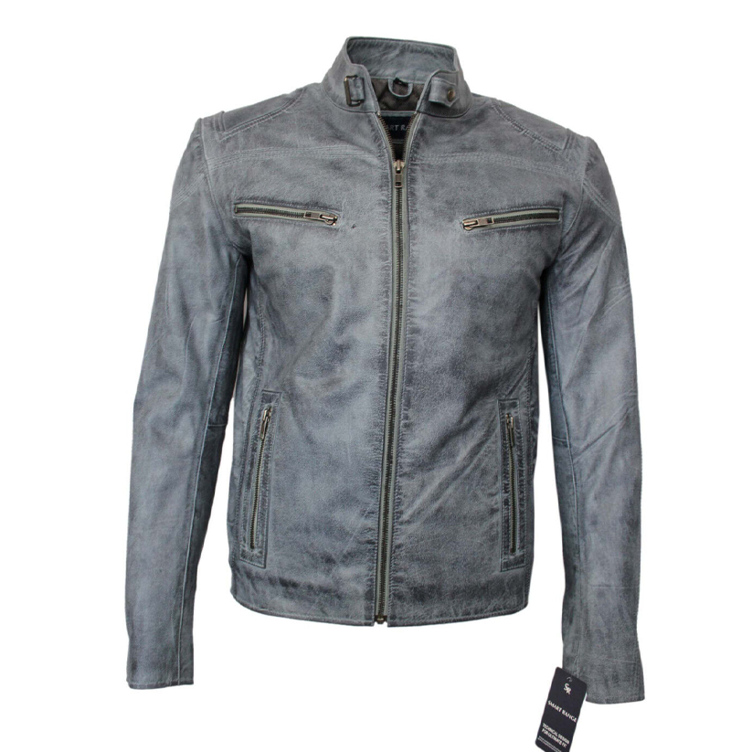 Mens Classic Biker Fitted Designer Style Light Blue Nappa Leather Jacket