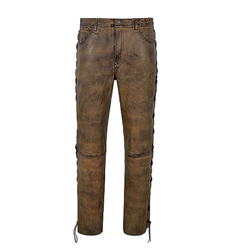 Mens Leather Pants Men Casual Classic Breeches Fashion Pant Mens Side Laces