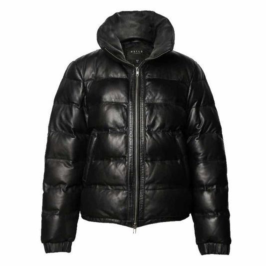 Mens Leather Puffer Jacket In Black