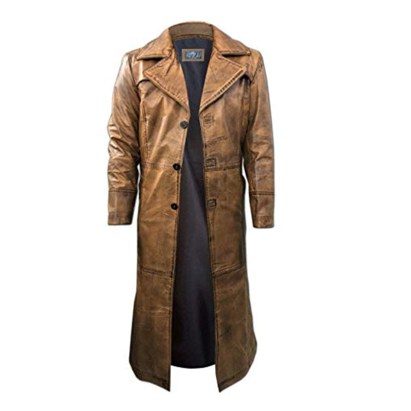 Mens Leather Trench Coat for Men Long Jacket