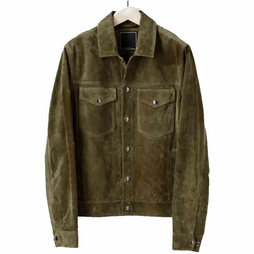 Mens Olive Suede Leather Shirt Jeans Style