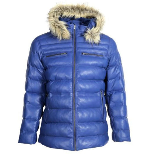 Mens Puffer Leather Jacket with Fur Hoodie Blue