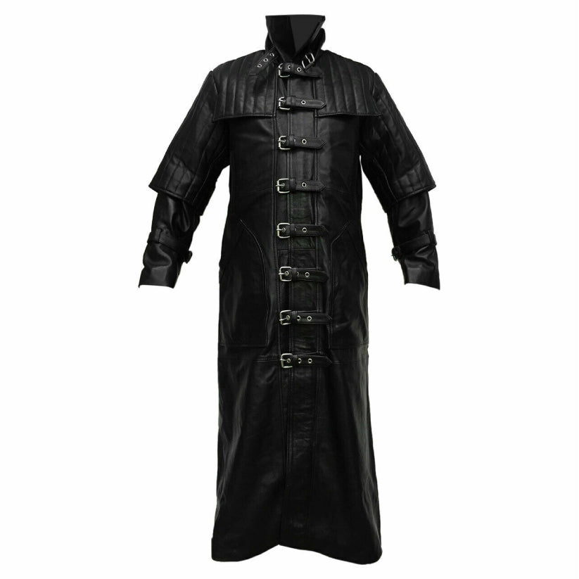 Mens Pure Black Leather Steampunk Trench Coat Duster Matrix Hugh Jackman Coat