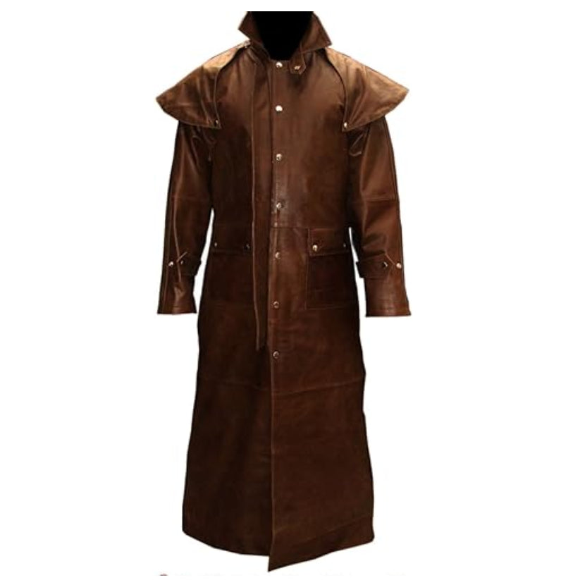 Mens Real Brown Leather DUSTER Coat