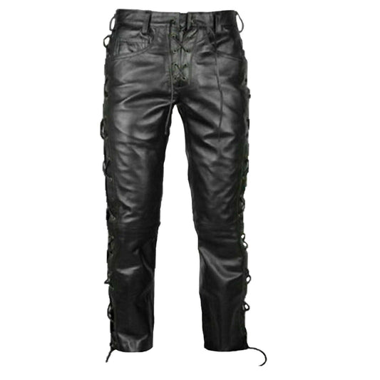 Mens Real Leather Bikers Pants Side and Front Laces Up Bikers Pants Trousers
