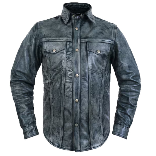 Mens Real Leather Grey Distressed Button Down Shirt