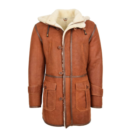 Mens Real Sheepskin Duffle Hooded Coat