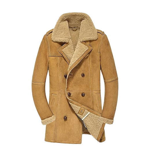 Mens Real Sheepskin Shearling Bomber Duffle Coat