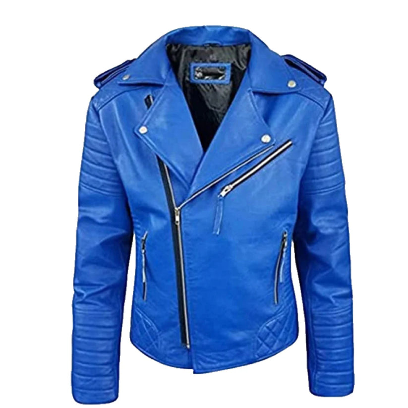 Mens Slimfit Motorcycle Blue Leather Jacket