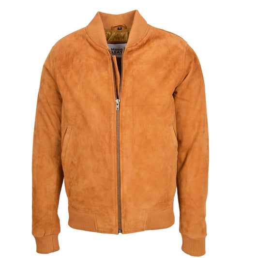 Mens Suede Bomber Leather Jacket Tan