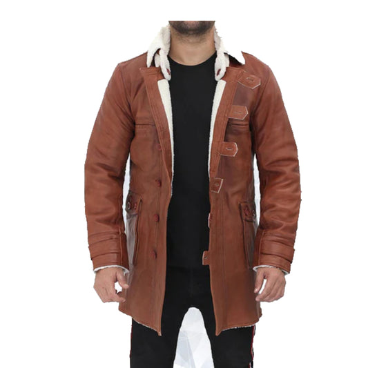 Mens Tan Bane Shearling Leather Trench Coat