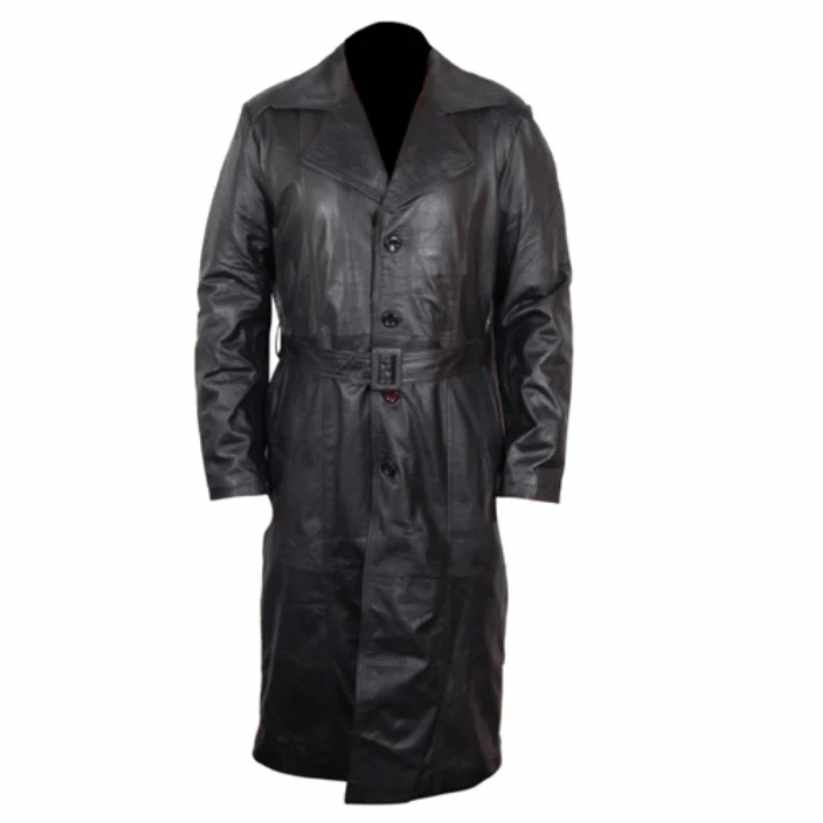 Mens Vintage Overcoat Black Long Leather Duster Trench Coat