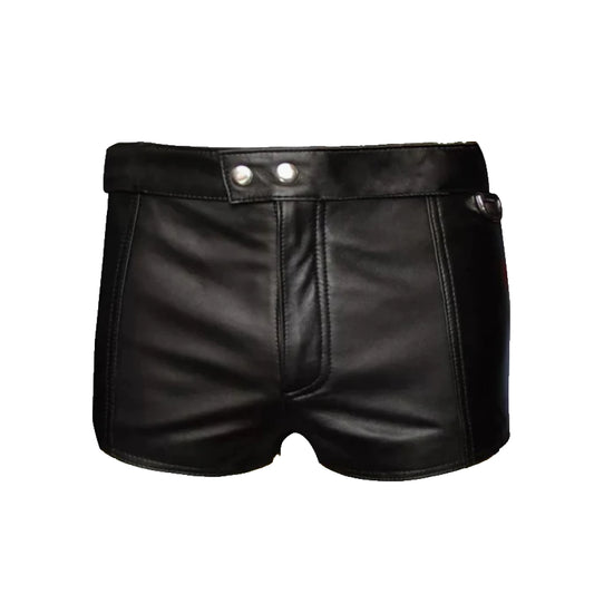 Mens Zipper Fly Front Leather Shorts With Full Lace Back