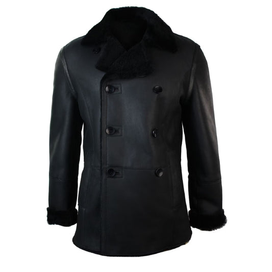 Mens real shearling german navy sheepskin double breasted jacket black fitted
