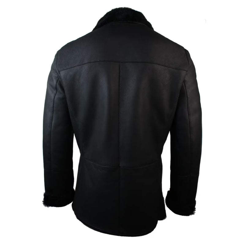 Mens real shearling german navy sheepskin double breasted jacket black fitted