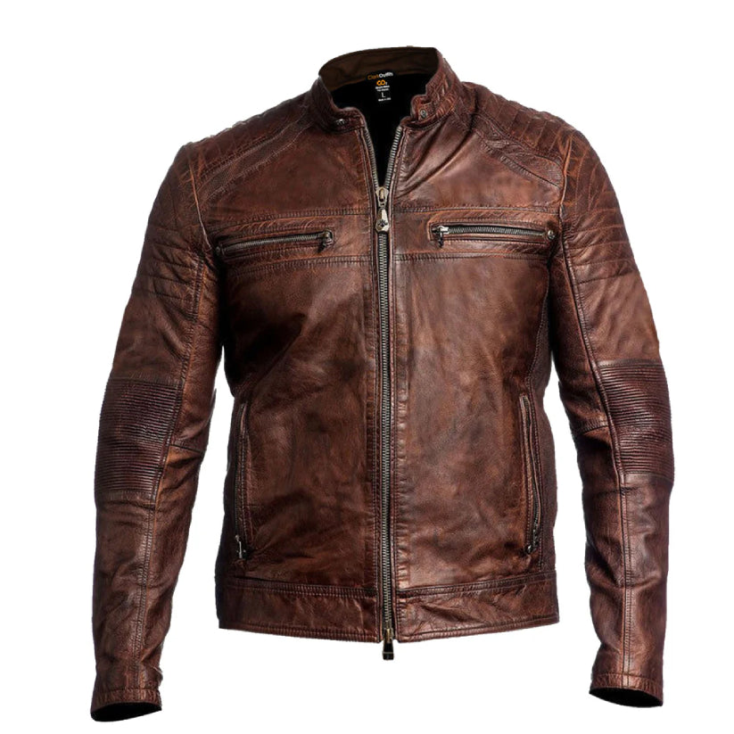 Motorcycle Distressed Brown Cafe Racer Leather Jacket