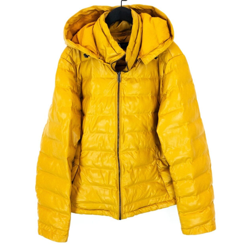Mustard Yellow Faux Leather Hooded Puffer Jacket