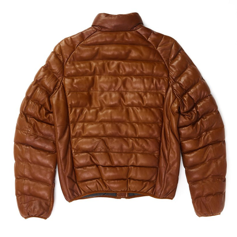 New Brown Leather Puffer Coat Men's