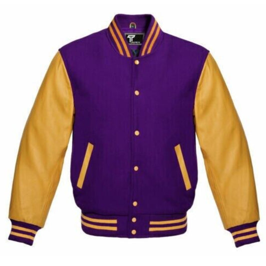 New Letterman Baseball Varsity Jacket Purple Wool with Gold Real Leather Sleeves