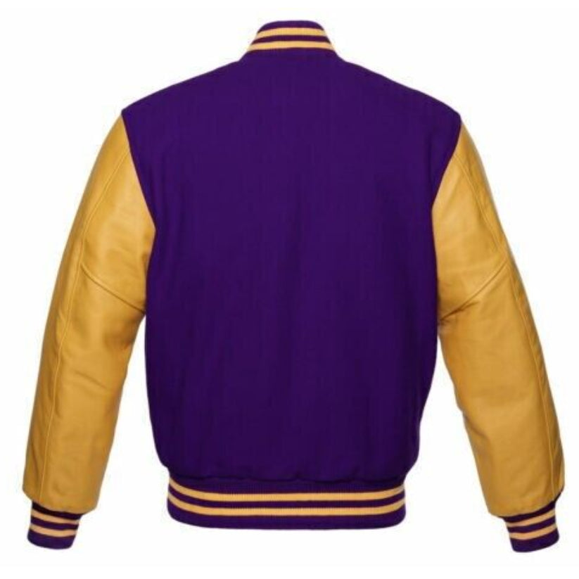 New Letterman Baseball Varsity Jacket Purple Wool with Gold Real Leather Sleeves