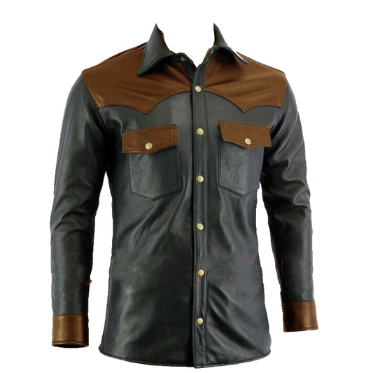 New Men's Black Leather Shirt. Real Soft Sheepskin Designer Biker leather Shirt