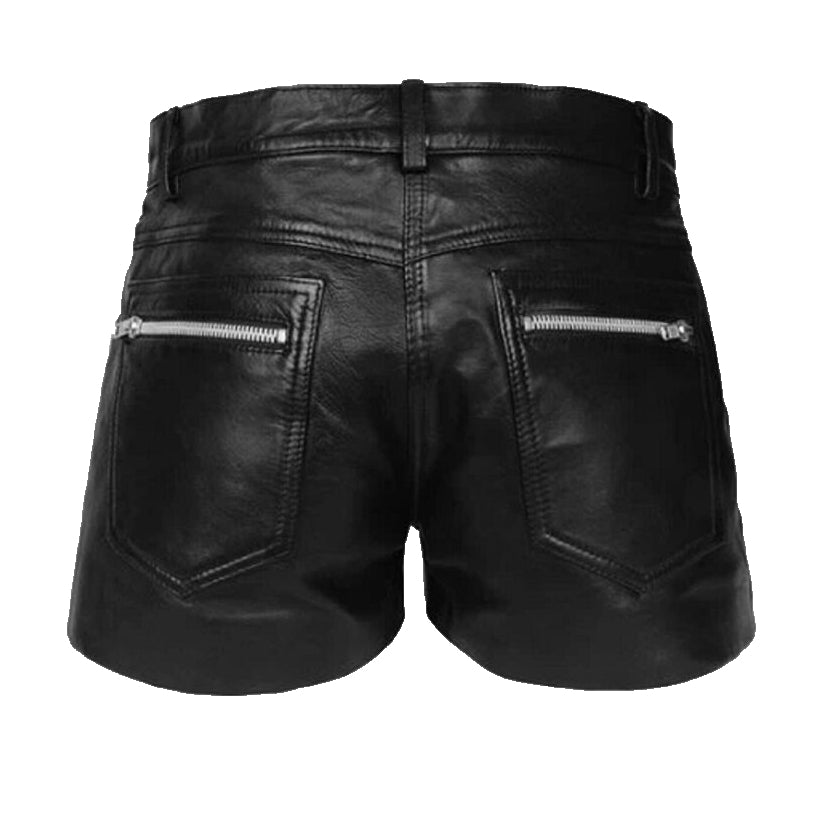 New Men's Black Zipper Leather Shorts
