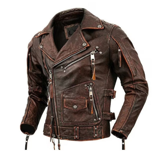 New Men’s Fashion Motorcycle Genuine Brown Jacket