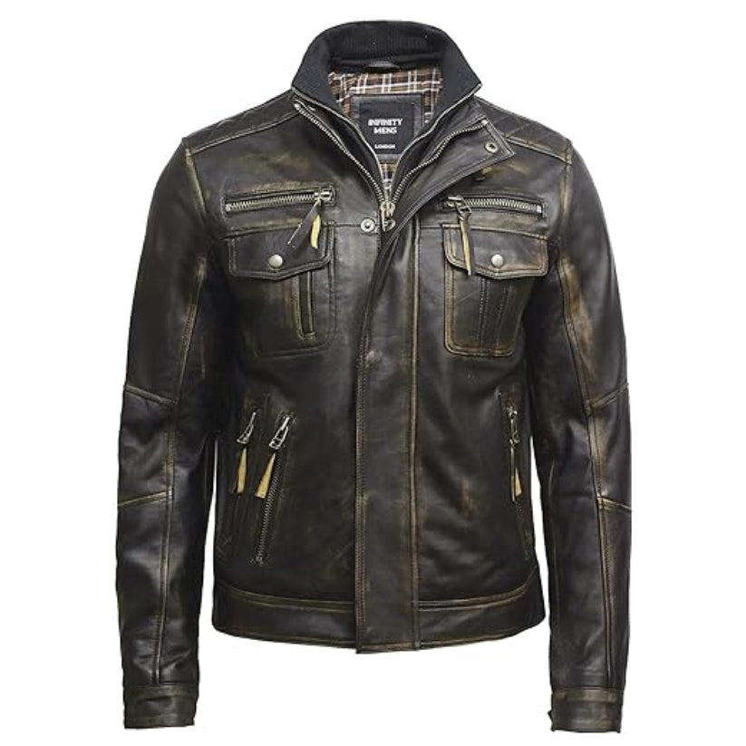 New Mens Black Distressed Leather Jacket