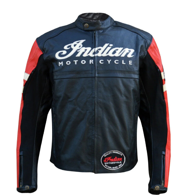 New Mens INDIAN Motorcycle Leather Jacket BLACK & RED