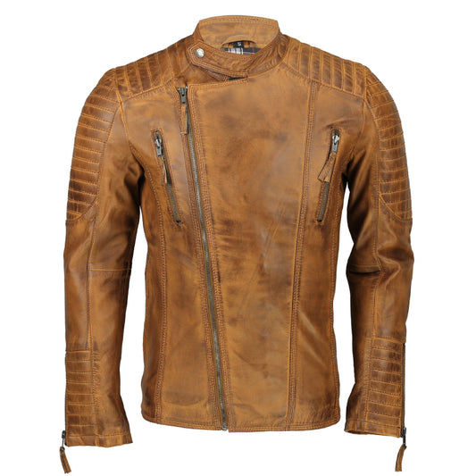 New Mens Real Leather Slim Fit Biker Jacket Vintage Tan Brown Retro