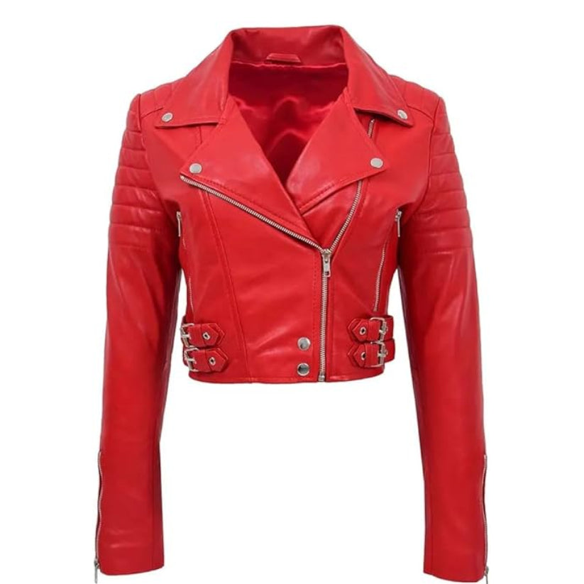 New Style Women's Red Leather Jacket Biker