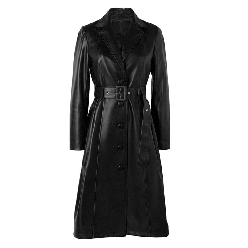 New Women Black Leather Trench Coat