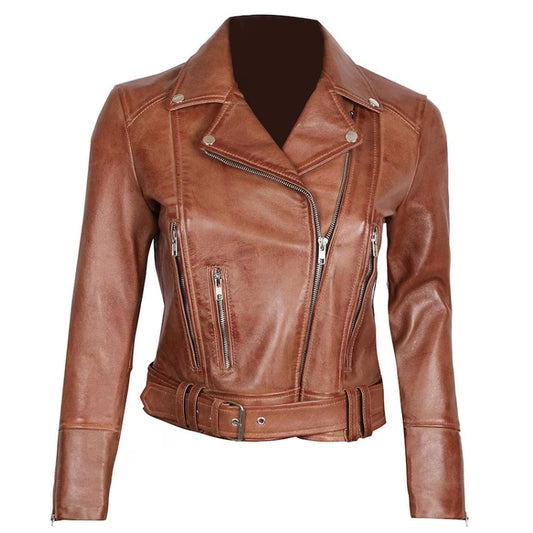 New Women Handmade Motorcycle Brown Leather Jacket