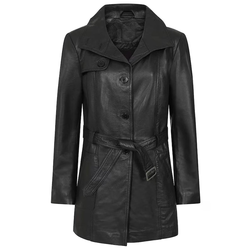 New Women's Black Genuine Leather Coat
