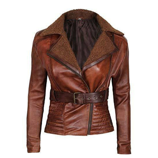 New Women's Brown Genuine Lambskin Soft Leather Motorcycle Slim fit Biker Jacket