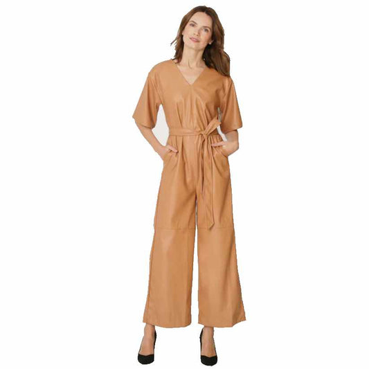 New Womens Brown Leather Jumpsuit