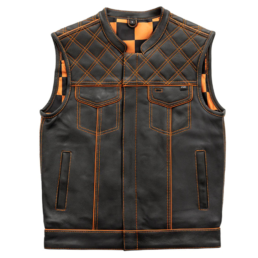 Orange Checker Men's Motorcycle Leather Vest