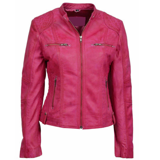 Pink Celebrity Women's Lambskin Leather Jacket Motorcycle Slim Fit Pink