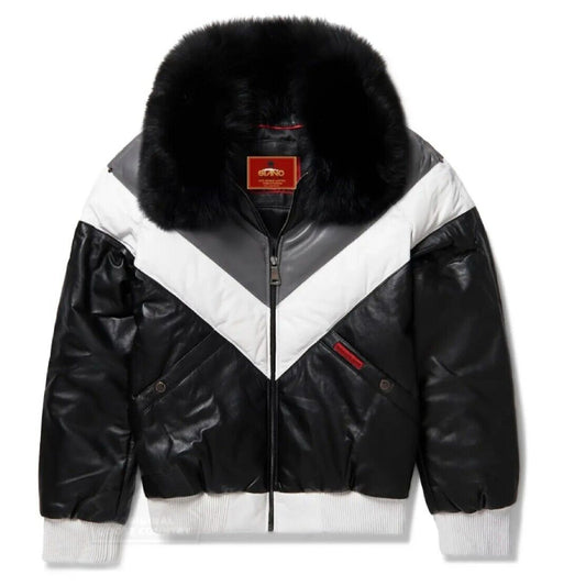 Real Leather Men's V Bomber Multi Colour Leather Jacket with Real Fox Fur Collar