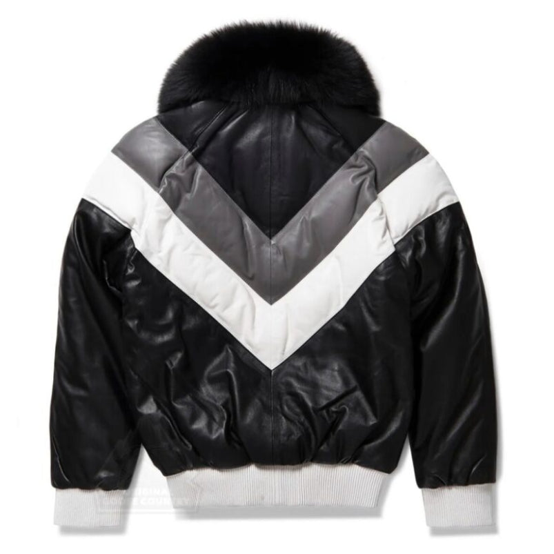 Real Leather Men's V Bomber Multi Colour Leather Jacket with Real Fox Fur Collar
