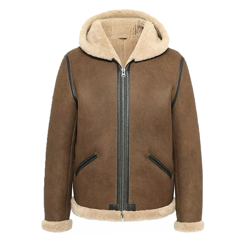 Shearling Brown Hooded Leather Jacket