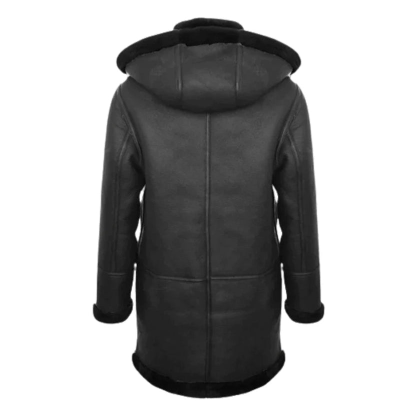 Shearling Long Leather Black Overcoat