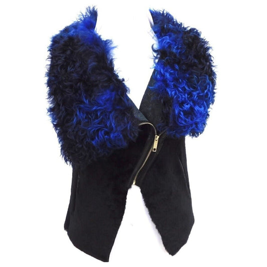 Sheepskin Shearling Fur Leather Black Blue Winter Warm Womens Vest