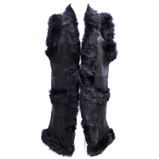 Sheepskin Shearling Fur Leather Black Winter Warm Womens Long Vest