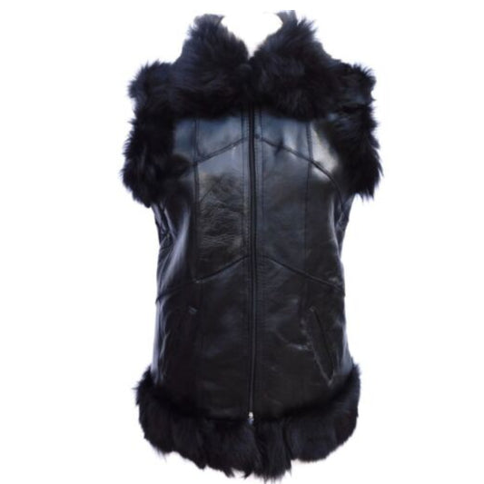 Sheepskin Shearling Real Fur Leather Black Winter Warm Womens Vest