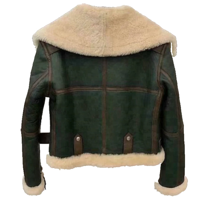 Stylish Women's Green Bomber Sheepskin Leather Jacket With Fur