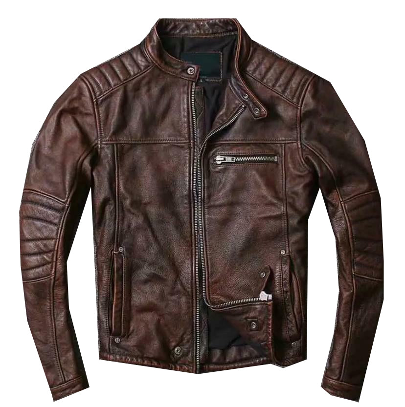 Cafe Racer Biker Brown Motorcycle Distressed Leather Jacket Mens