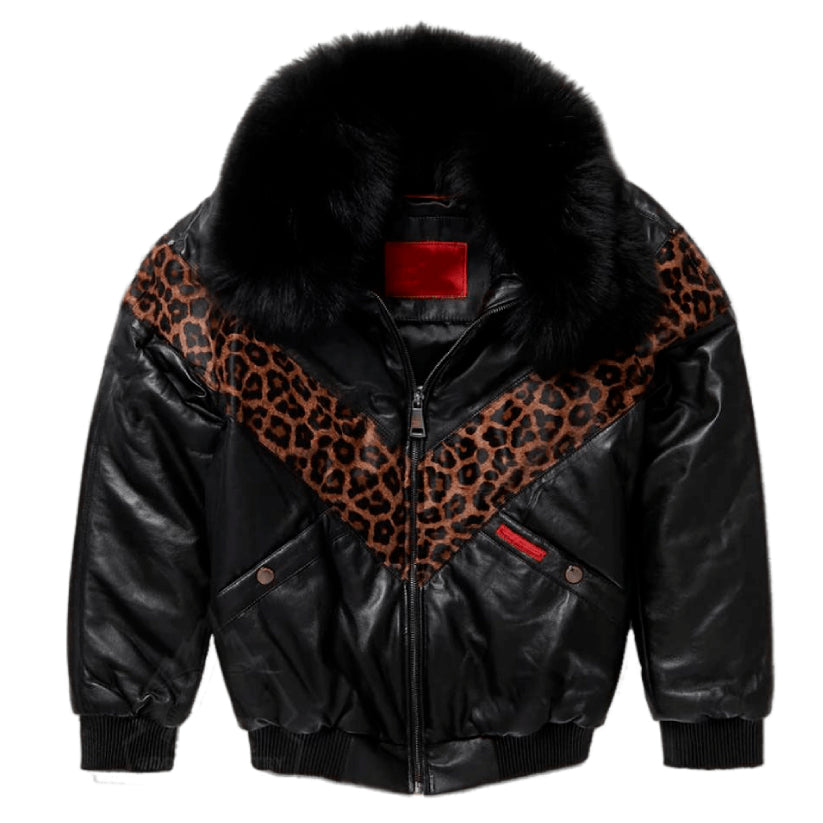 V-Bomber Leopard Printed Real Leather Men's Leather Jacket & Fox Fur Collar