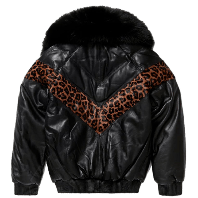 V-Bomber Leopard Printed Real Leather Men's Leather Jacket & Fox Fur Collar