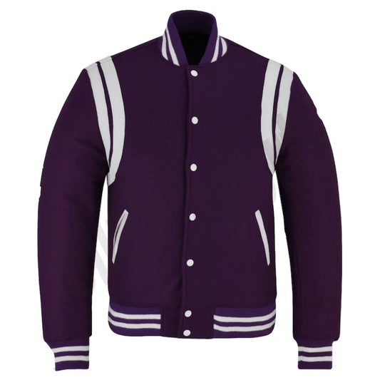 Varsity Jacket Letterman Baseball Boys Purple Wool And White Real Leather Jacket